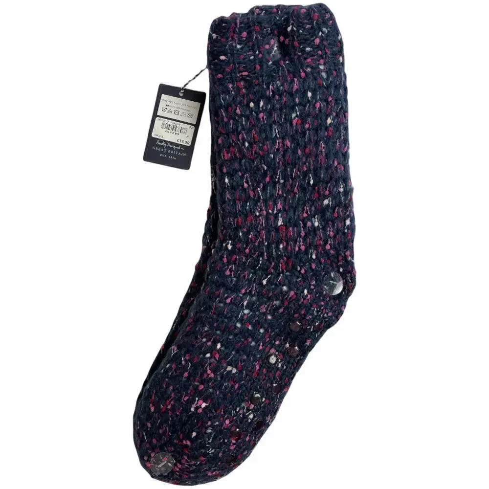 Dickins & Jones Knit Navy Lounge Socks Slippers W. Sherpa Lining & Grippers NWT